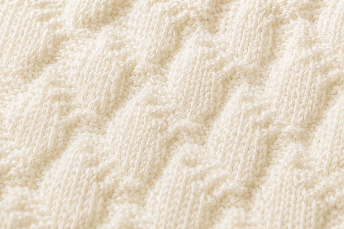 Elegant close up of the cream Simple Triangles baby blanket showing the raised textured knit stitch pattern