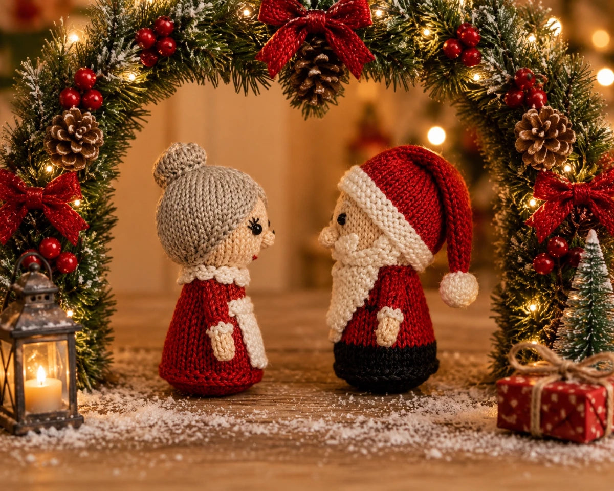 Knitted Santa and Mrs Claus Christmas decorations facing each other beneath a festive Christmas arch