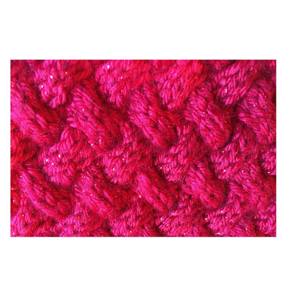 Close-up of the Sparkling Basketweave Neckwarmer knitting pattern showing textured basketweave stitches and subtle sparkle yarn detail.