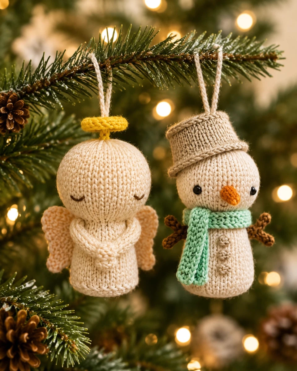 Knitted angel and snowman Christmas decorations hanging together on a festive Christmas tree branch with warm fairy lights.