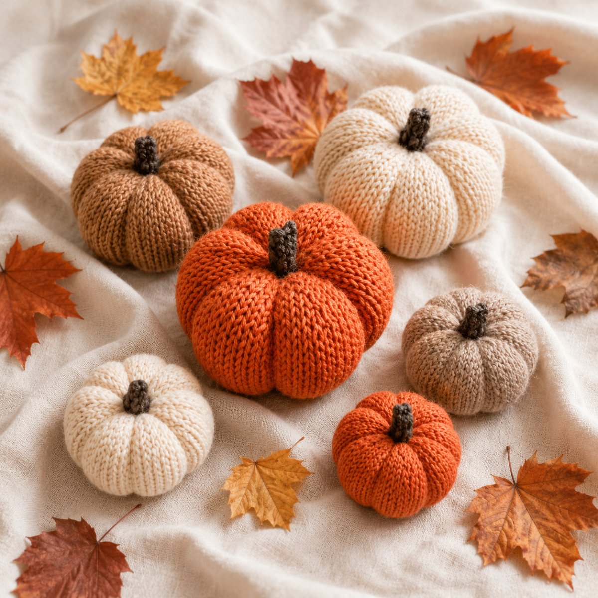 Collection of knitted pumpkin decorations on cream linen with autumn leaves made from a flat knitting pattern