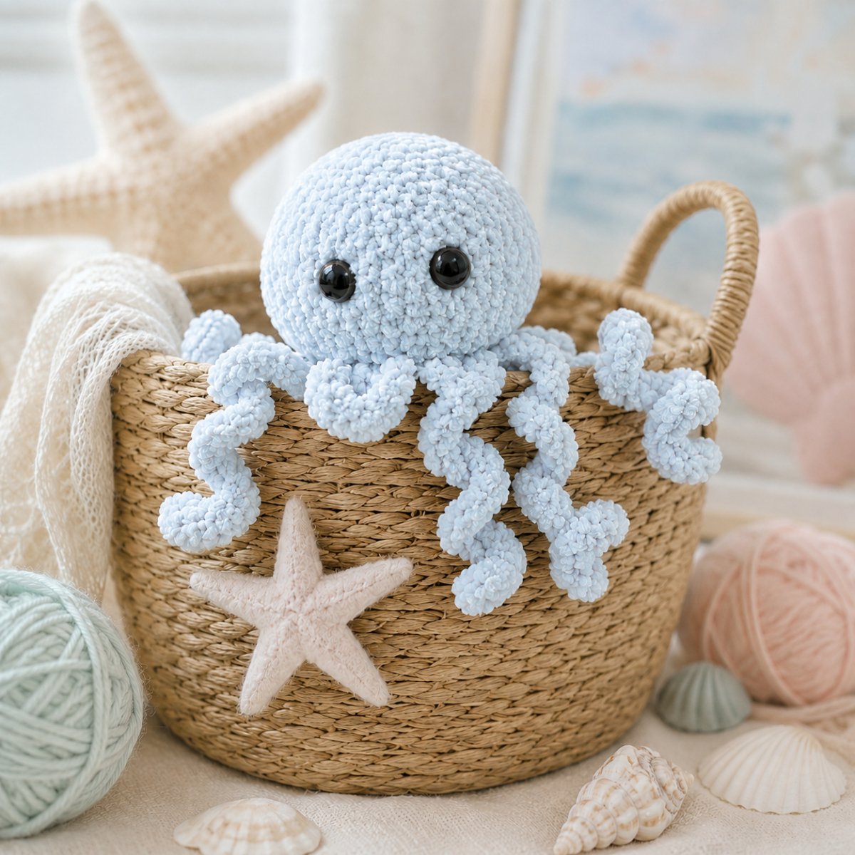 Soft baby blue jellyfish knitting pattern peeking from a wicker basket with seashells and pastel ocean nursery styling
