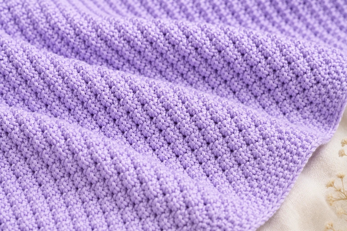 Close up of the lilac Blackberry stitch baby blanket showing the textured knitted stitch pattern and soft folds