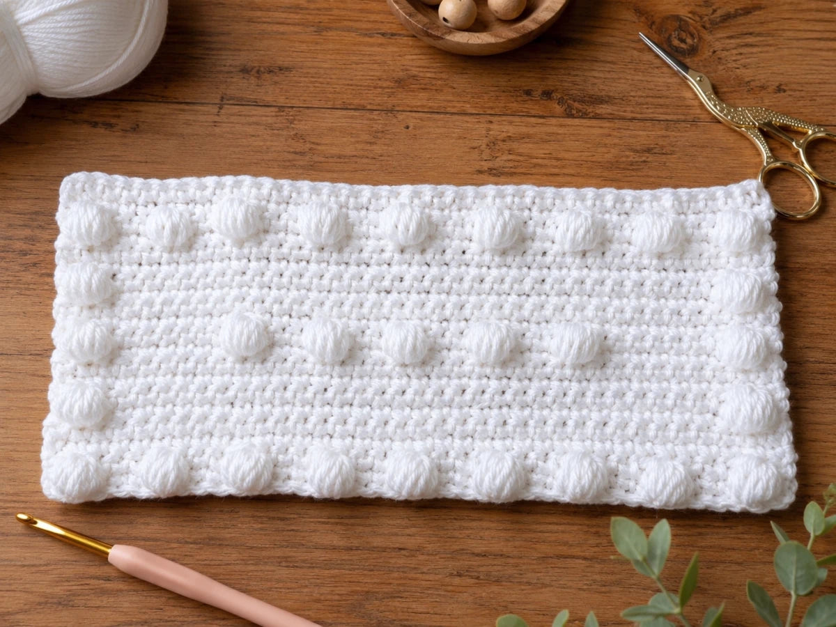 White crochet puff stitch practice motif with crochet hook and craft tools on a wooden table