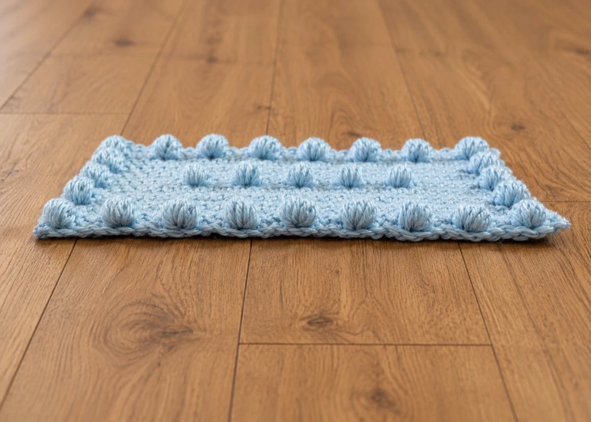 Side view of a blue crochet puff stitch practice motif showing raised puff stitch texture