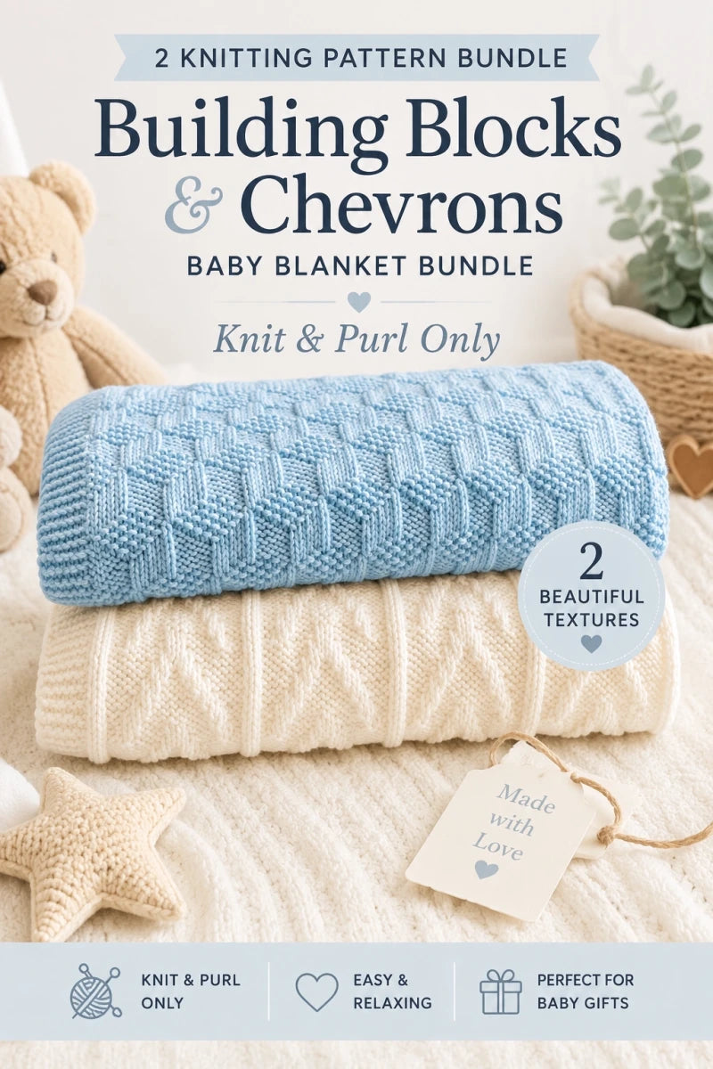 Pinterest style nursery image featuring Building Blocks and Chevrons baby blanket knitting pattern bundle with blue and white knit blankets, knit and purl only textures, and soft handmade baby gift styling