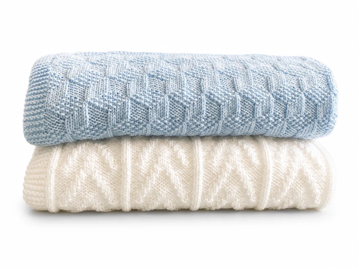 Building Blocks and Chevrons baby blanket knitting pattern bundle in blue and white