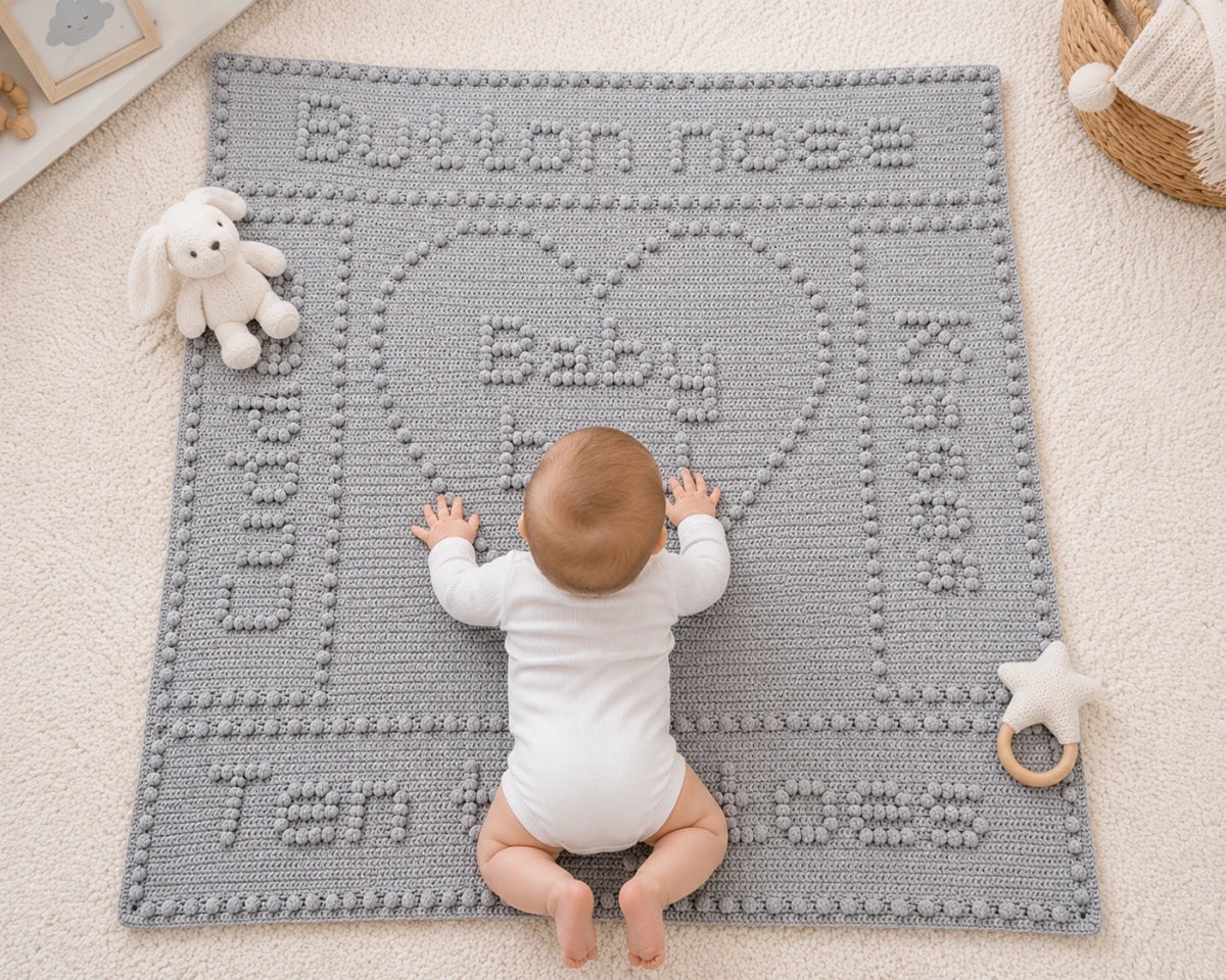 Baby enjoying tummy time on the grey Button Nose baby blanket crochet pattern in a bright nursery with soft white toys.