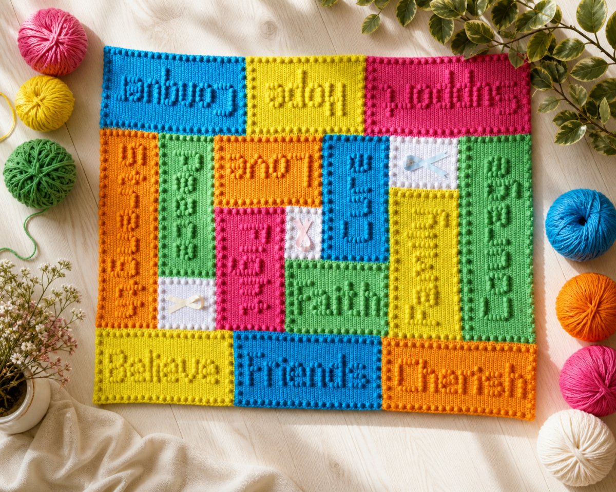 Crochet cancer support lap blanket pattern with motivational words and awareness ribbon motifs
