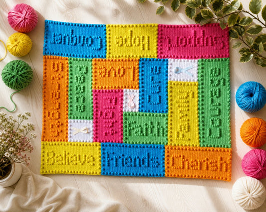 Crochet cancer support lap blanket pattern with motivational words and awareness ribbon motifs