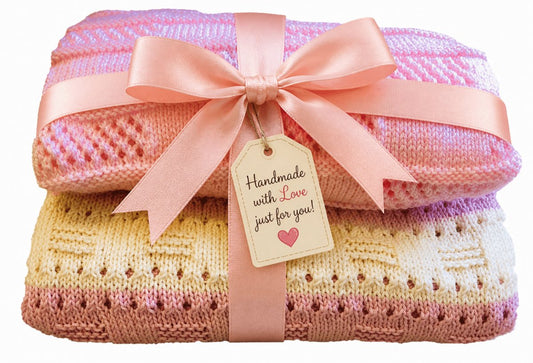 Candy and Lace baby blanket knitting pattern bundle wrapped with a pink ribbon