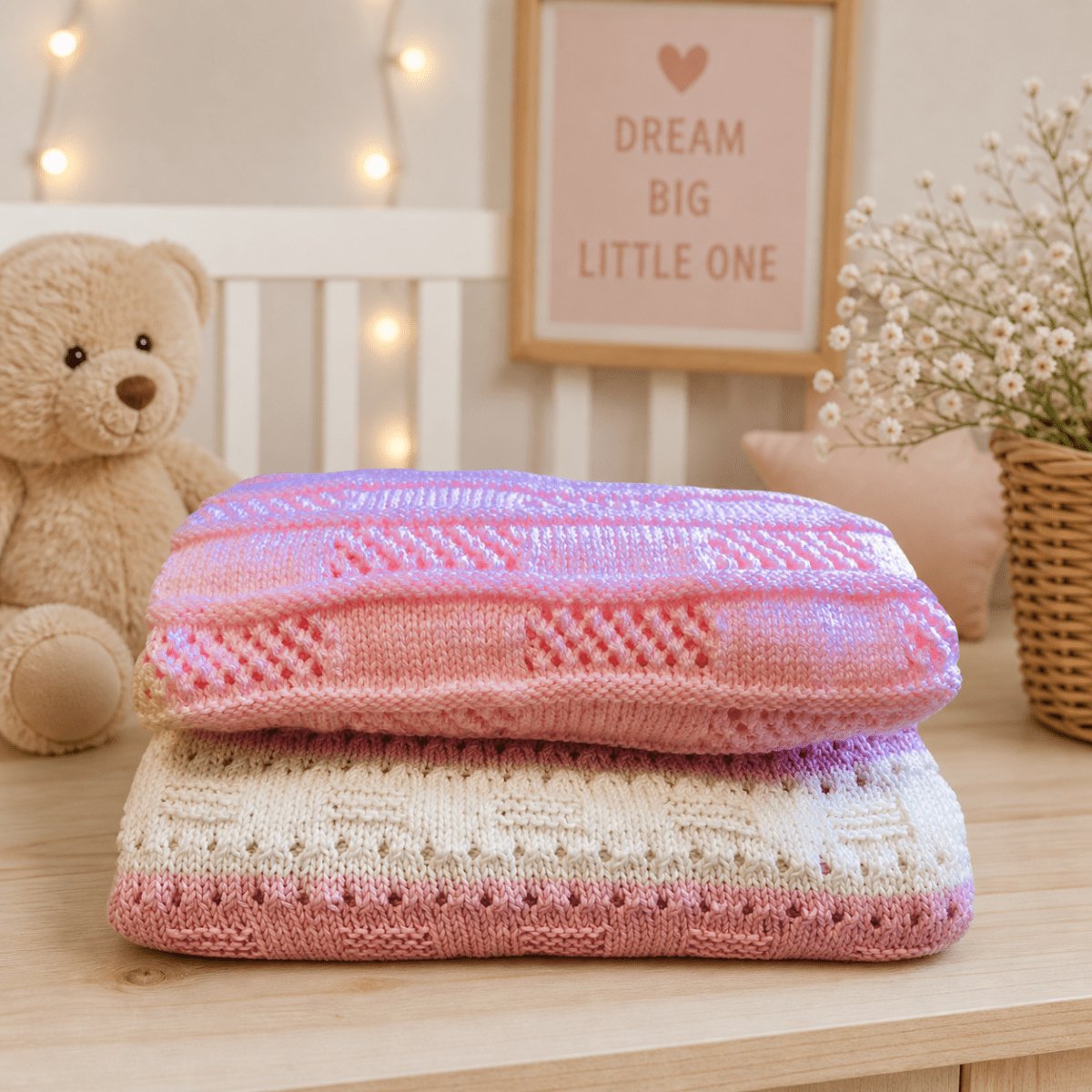Candy and Lace baby blanket knitting patterns styled in a soft nursery setting