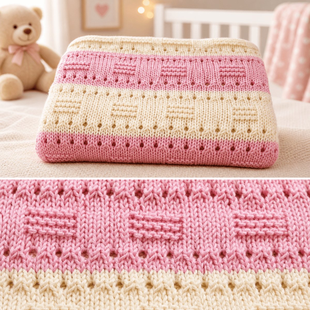 Close up stitch detail of the Candy baby blanket knitting pattern with eyelet rows