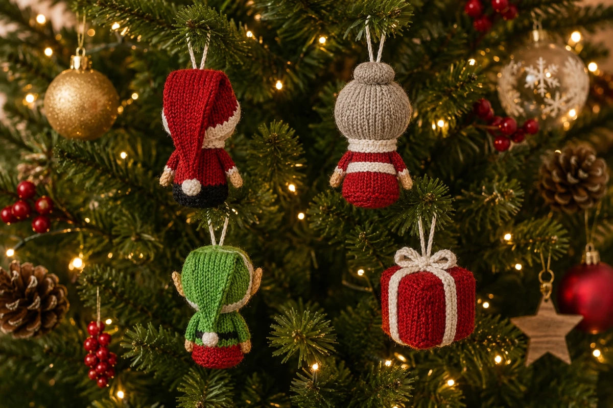 Back view of knitted Santa, Mrs Claus, Elf and Present Christmas tree decorations hanging on a decorated Christmas tree
