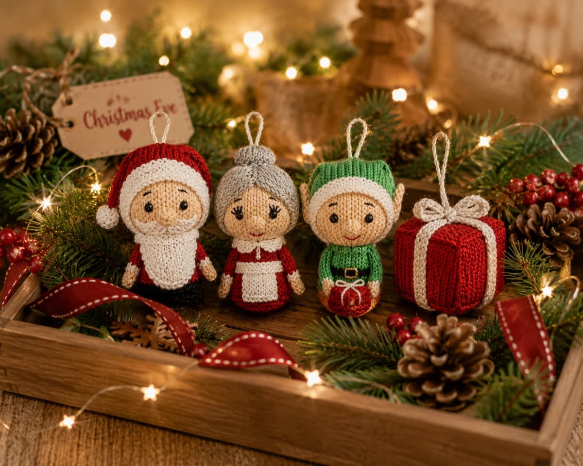 Knitted Santa, Mrs Claus, Elf and Present Christmas decorations displayed on a festive wooden tray with fairy lights and pinecones