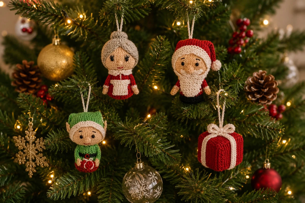 Knitted Santa, Mrs Claus, Elf and Present Christmas decorations hanging on a decorated Christmas tree