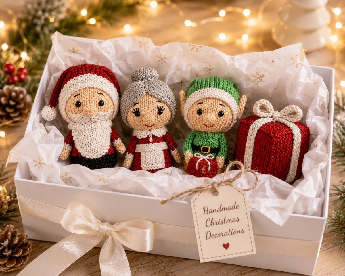 Knitted Santa, Mrs Claus, Elf and Present Christmas decorations displayed in a white gift box with tissue paper