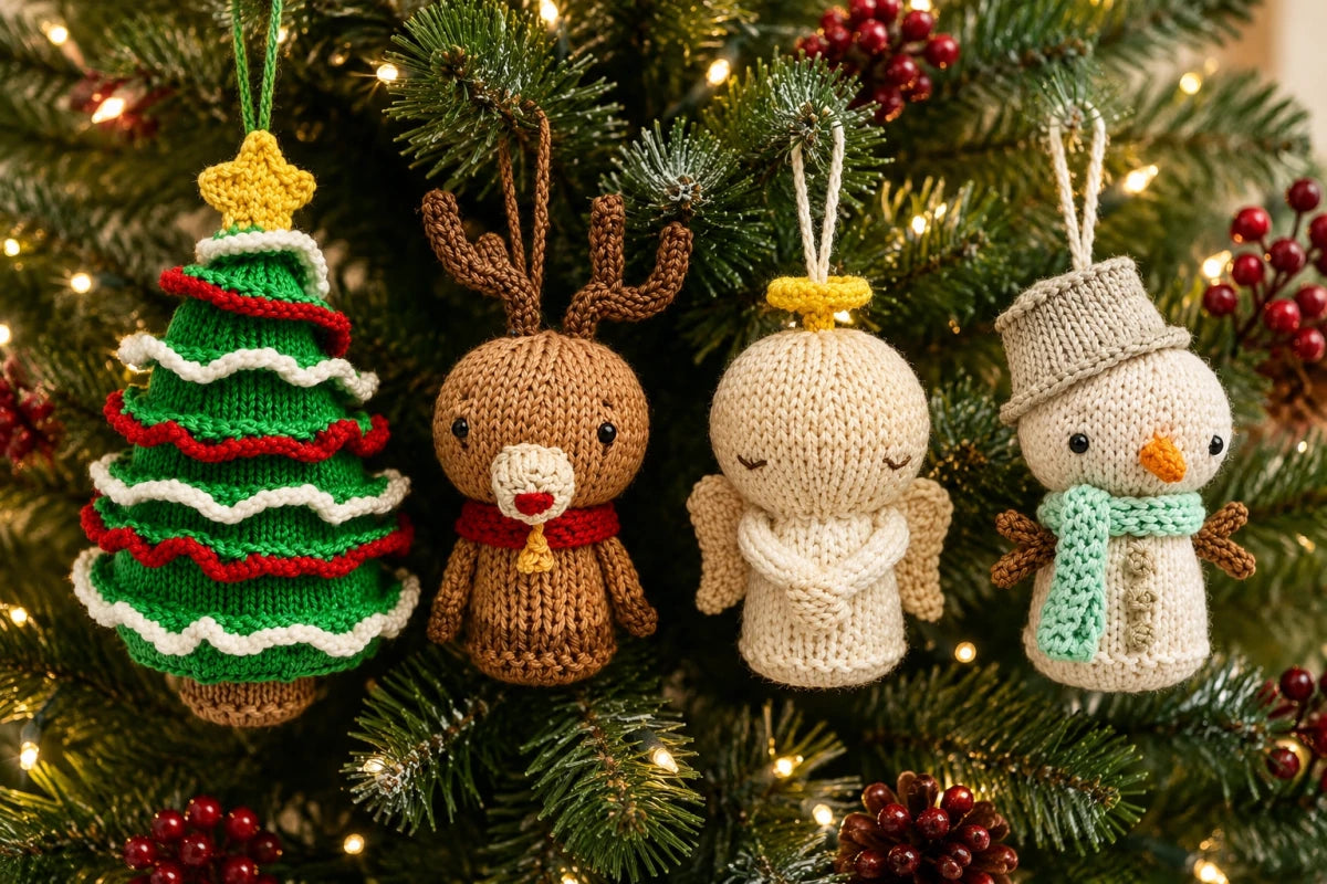 Knitted Christmas tree, reindeer, angel and snowman decorations hanging on a Christmas tree with festive lights and greenery.