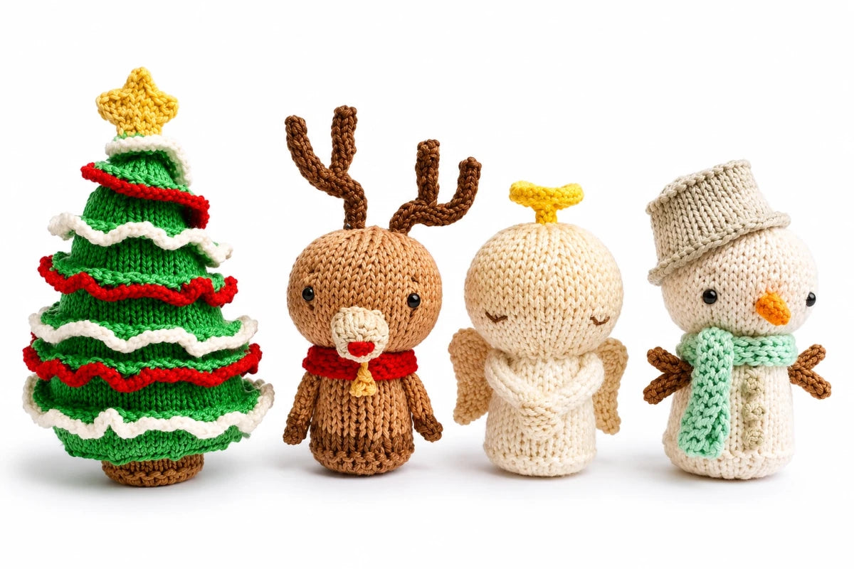 Set of four knitted Christmas decorations including Christmas tree, reindeer, angel and snowman on a white background.