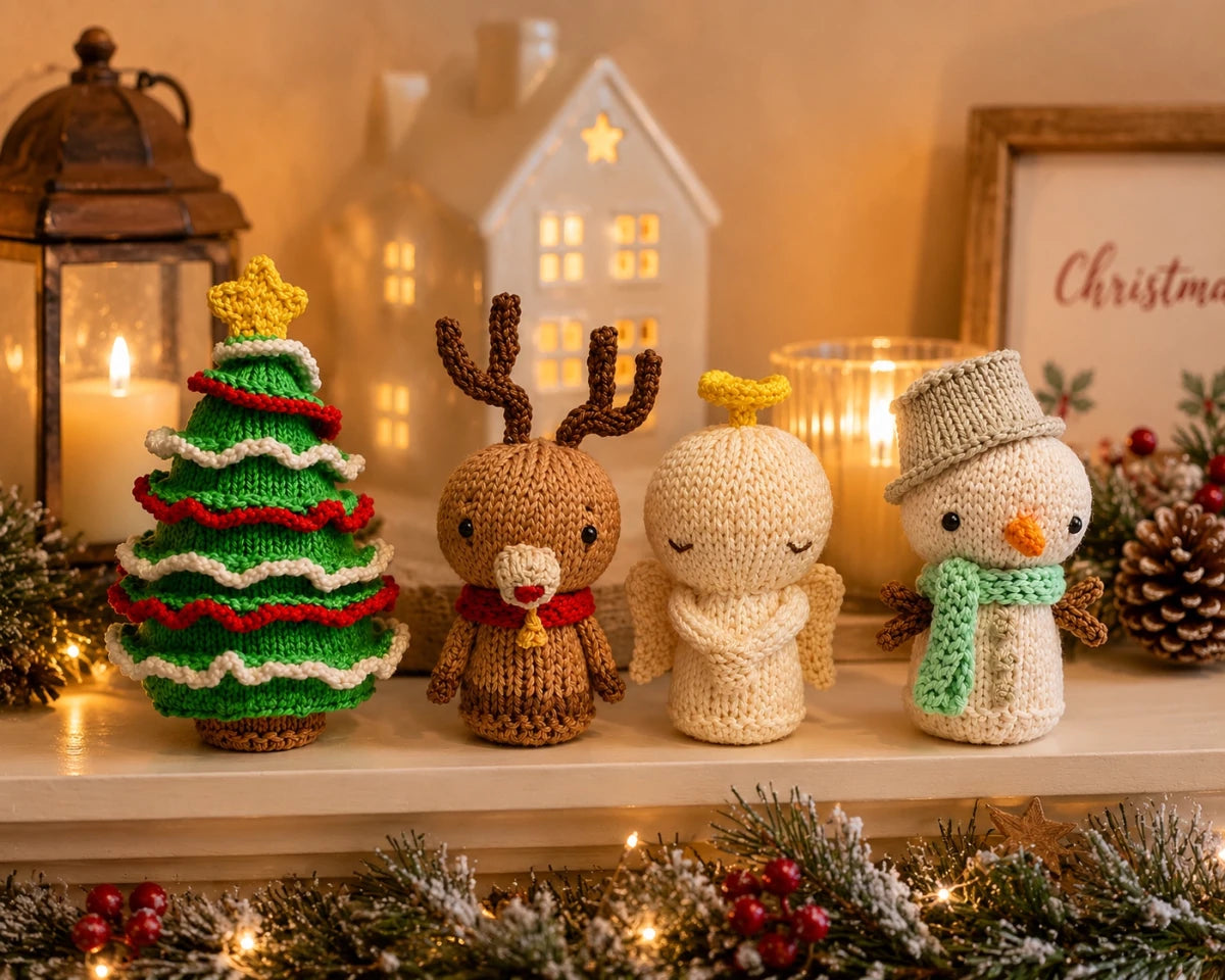 Knitted Christmas tree, reindeer, angel and snowman displayed on a festive mantelpiece with candles, fairy lights and Christmas decorations.