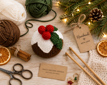 Festive flat lay featuring a handmade knitted Christmas pudding decoration with yarn, knitting needles, scissors and cosy Christmas styling for a free worked flat knitting pattern