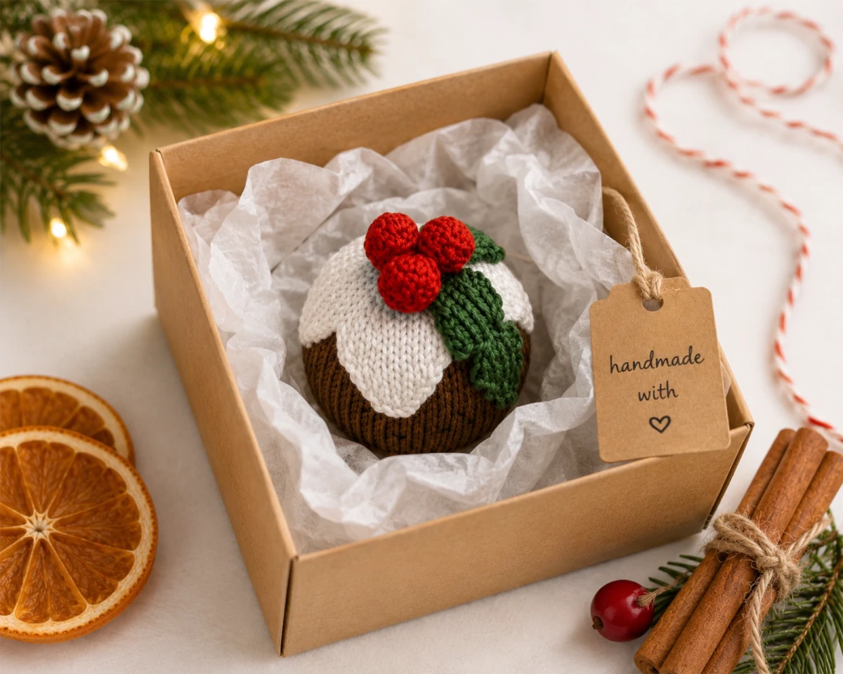 Handmade knitted Christmas pudding decoration displayed inside a kraft gift box with tissue paper, holly berries and festive Christmas styling for a worked flat knitting pattern gift idea