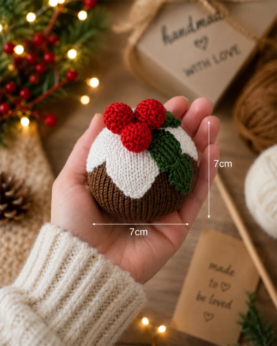 Hand holding a handmade knitted Christmas pudding decoration showing the 7cm size of the free worked flat Christmas knitting pattern with festive cosy styling