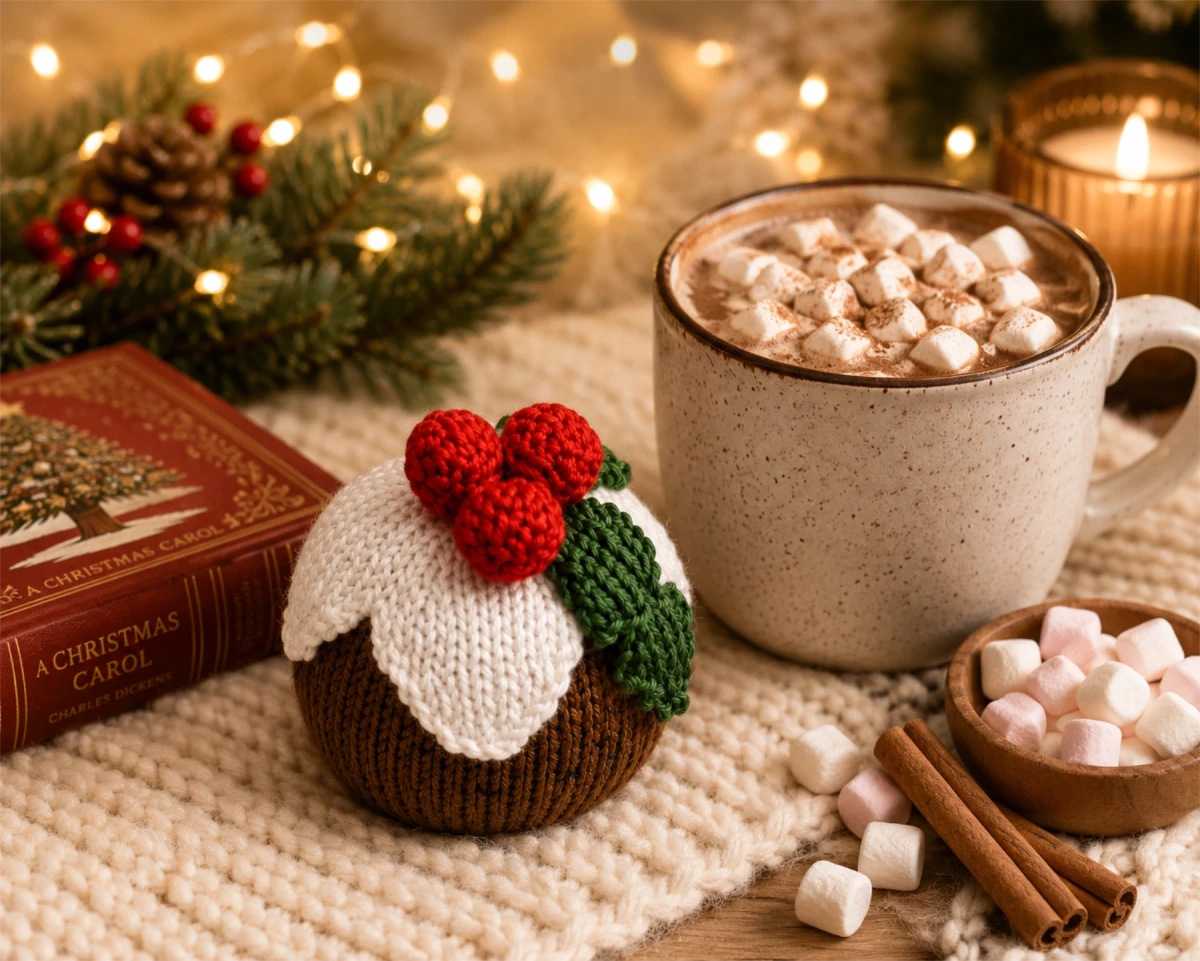 Handmade knitted Christmas pudding decoration beside hot chocolate, marshmallows and fairy lights in a cosy festive Christmas scene for a free worked flat knitting pattern
