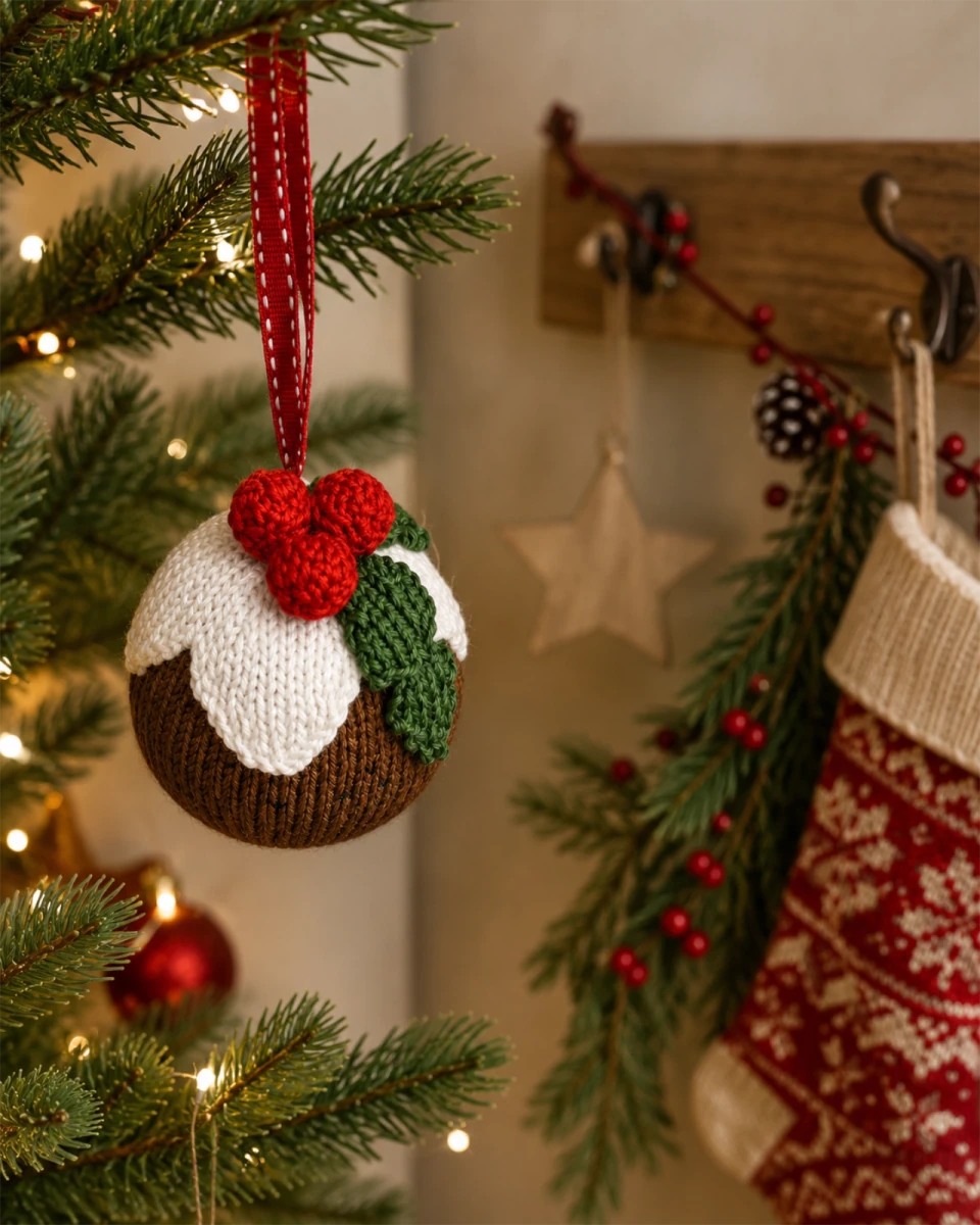 Handmade knitted Christmas pudding decoration displayed hanging on a christmas tree branch,  festive Christmas styling for a worked flat knitting pattern decoration