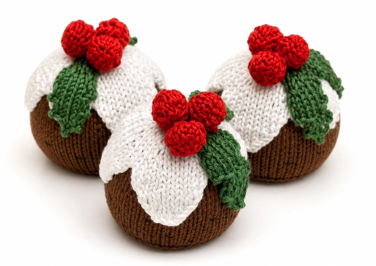 Three knitted Christmas puddings displayed together on a white background showing the free worked flat Christmas pudding knitting pattern with festive holly and berry details