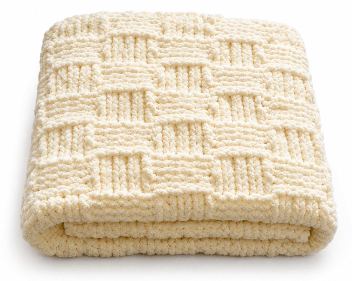 Folded cream Chunky Basketweave Baby Blanket made using the free beginner knitting pattern