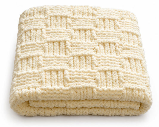Folded chunky basketweave baby blanket made from the free knitting pattern
