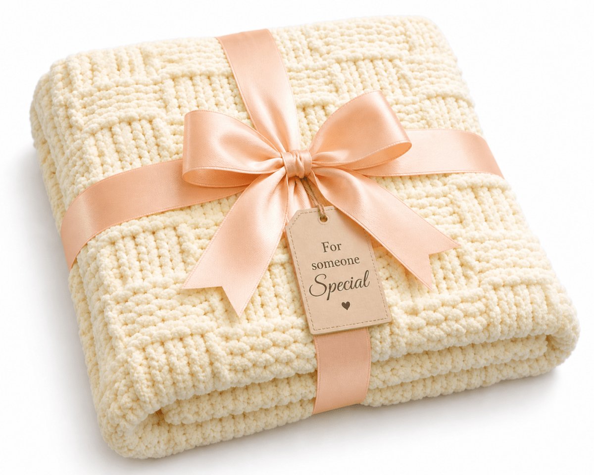 Folded chunky basketweave baby blanket knitting pattern wrapped with peach ribbon and gift tag