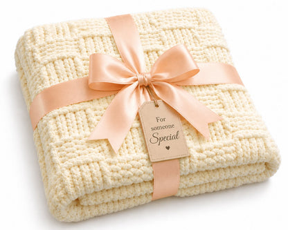 Folded chunky basketweave baby blanket knitting pattern wrapped with peach ribbon and gift tag