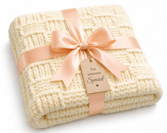 Folded chunky basketweave baby blanket knitting pattern wrapped with peach ribbon and gift tag