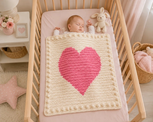 Sleeping baby covered with the Chunky Intarsia Heart crochet blanket in a wooden cot nursery.