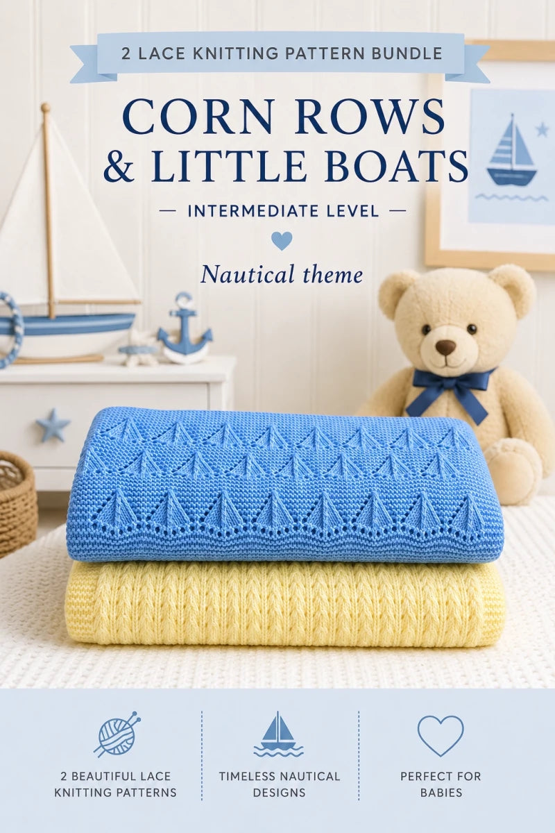 Pinterest image for Corn Rows & Little Boats baby blanket knitting pattern bundle featuring blue and yellow lace baby blankets in a nautical nursery scene with teddy bear and sailing boat decor.