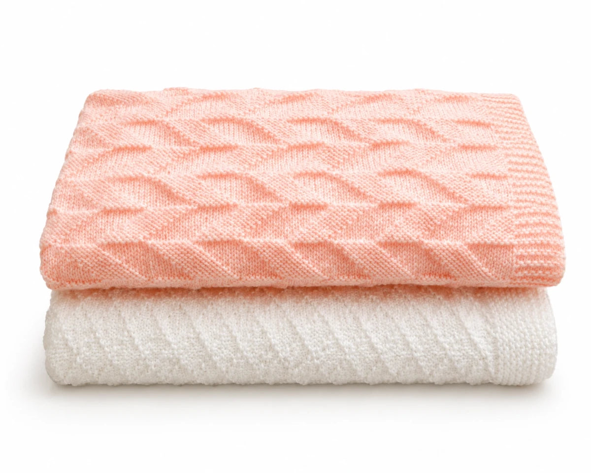 Criss Cross and Parallel Lines geometric baby blanket knitting pattern bundle in peach and white