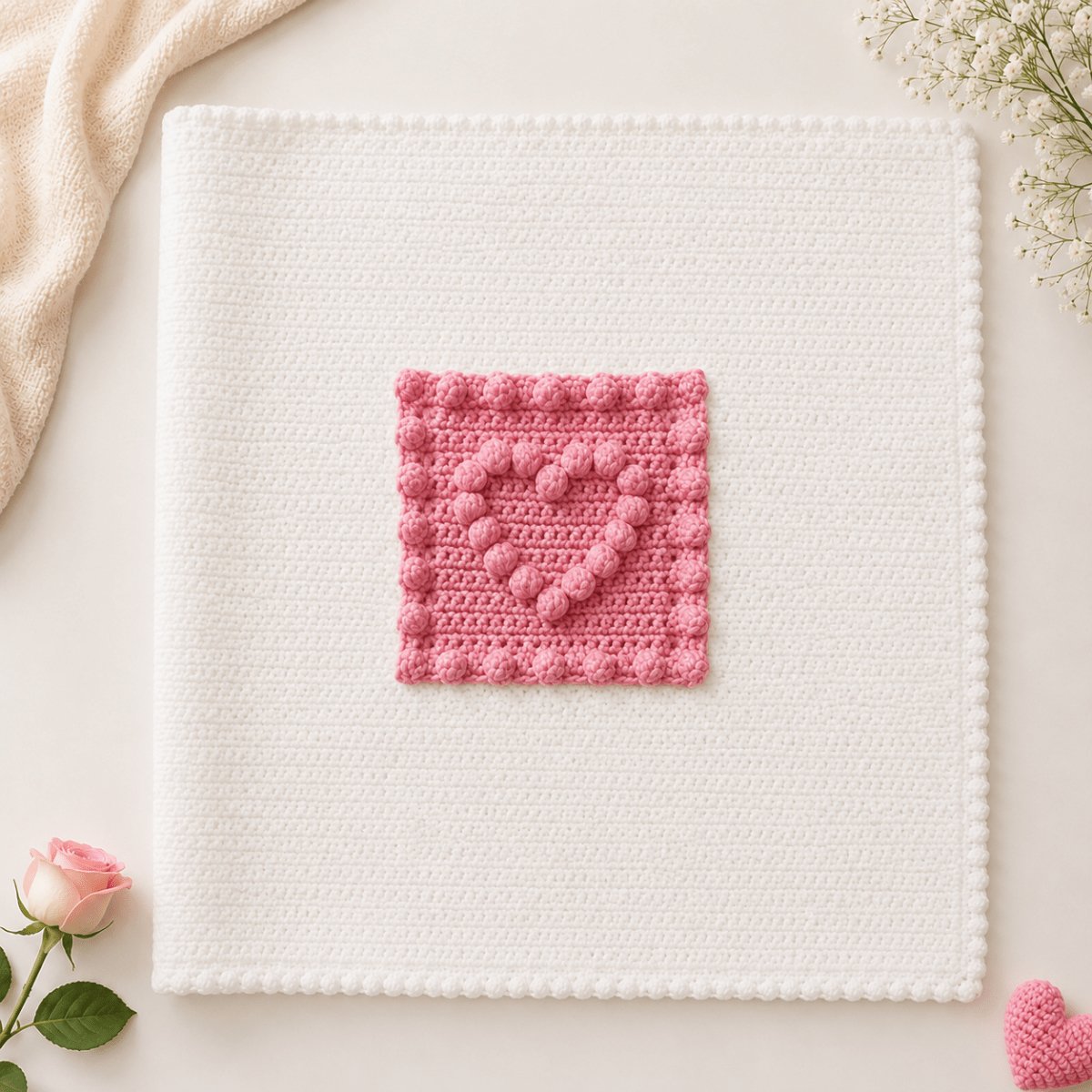 Single motif for heart motif baby blanket on a white background