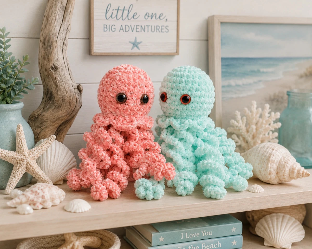 Crochet jellyfish plush toys displayed on a coastal nursery shelf with seashells and beach decor