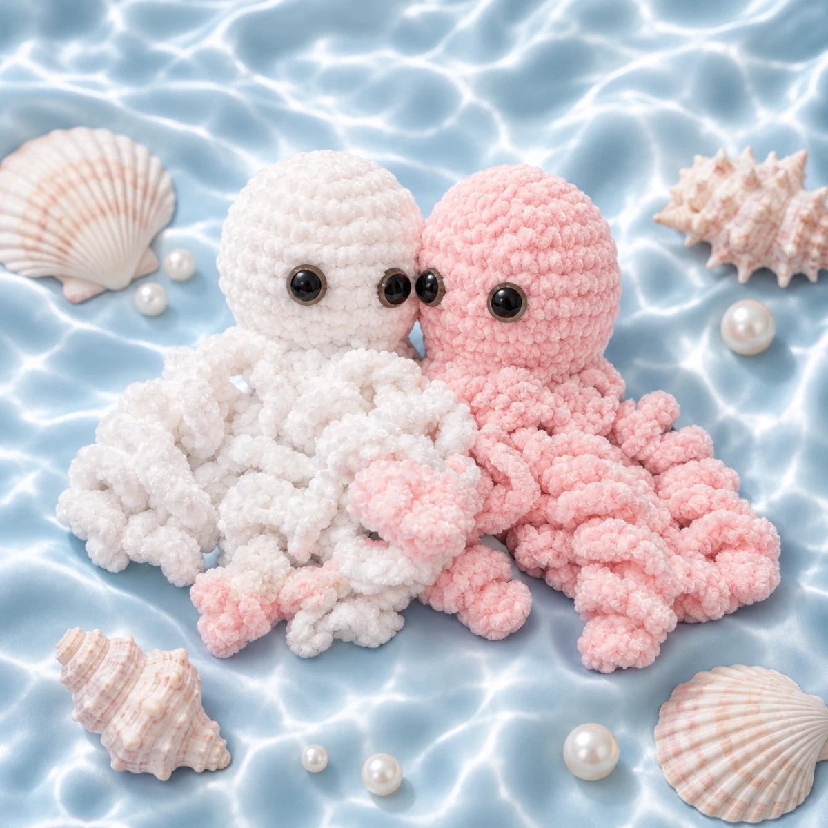 White and soft pink crochet jellyfish plush toys on a rippling blue ocean-inspired background with seashells and pearls