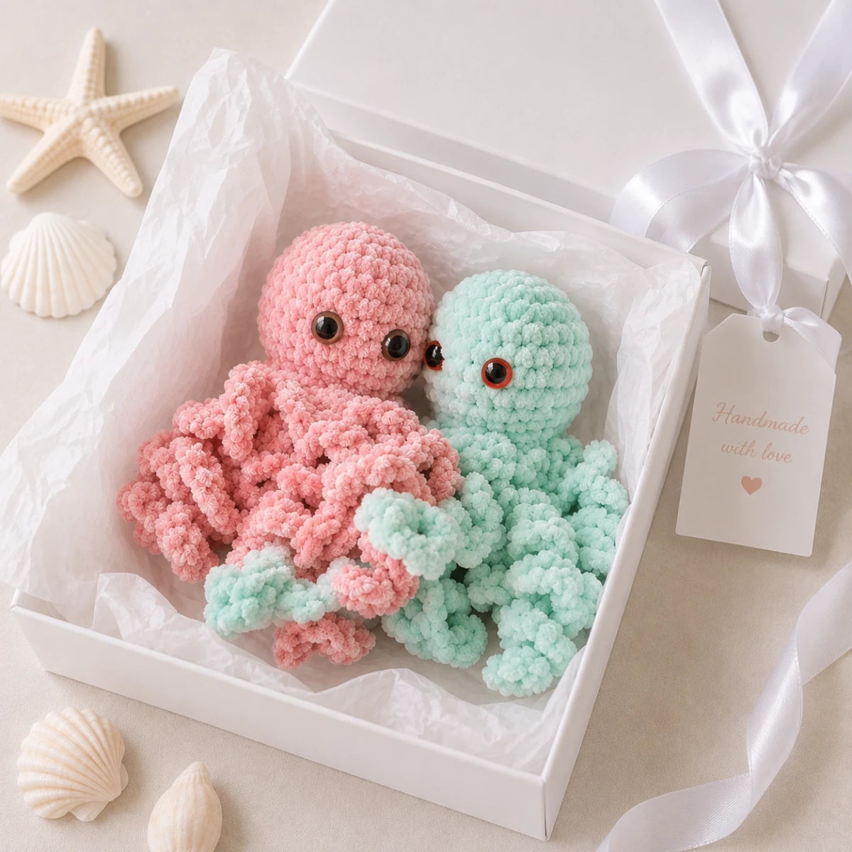 Soft pink and mint crochet jellyfish plush toys presented in a luxury white gift box with tissue paper and satin ribbon