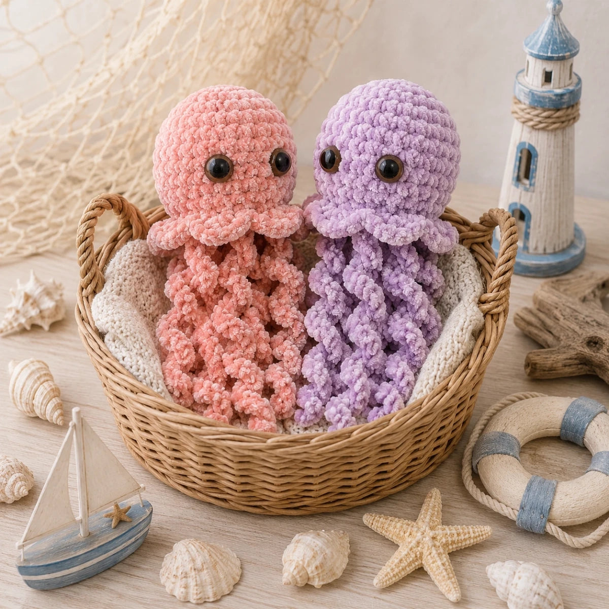 Soft pink and lilac crochet jellyfish plush toys in a wicker basket surrounded by nautical decorations