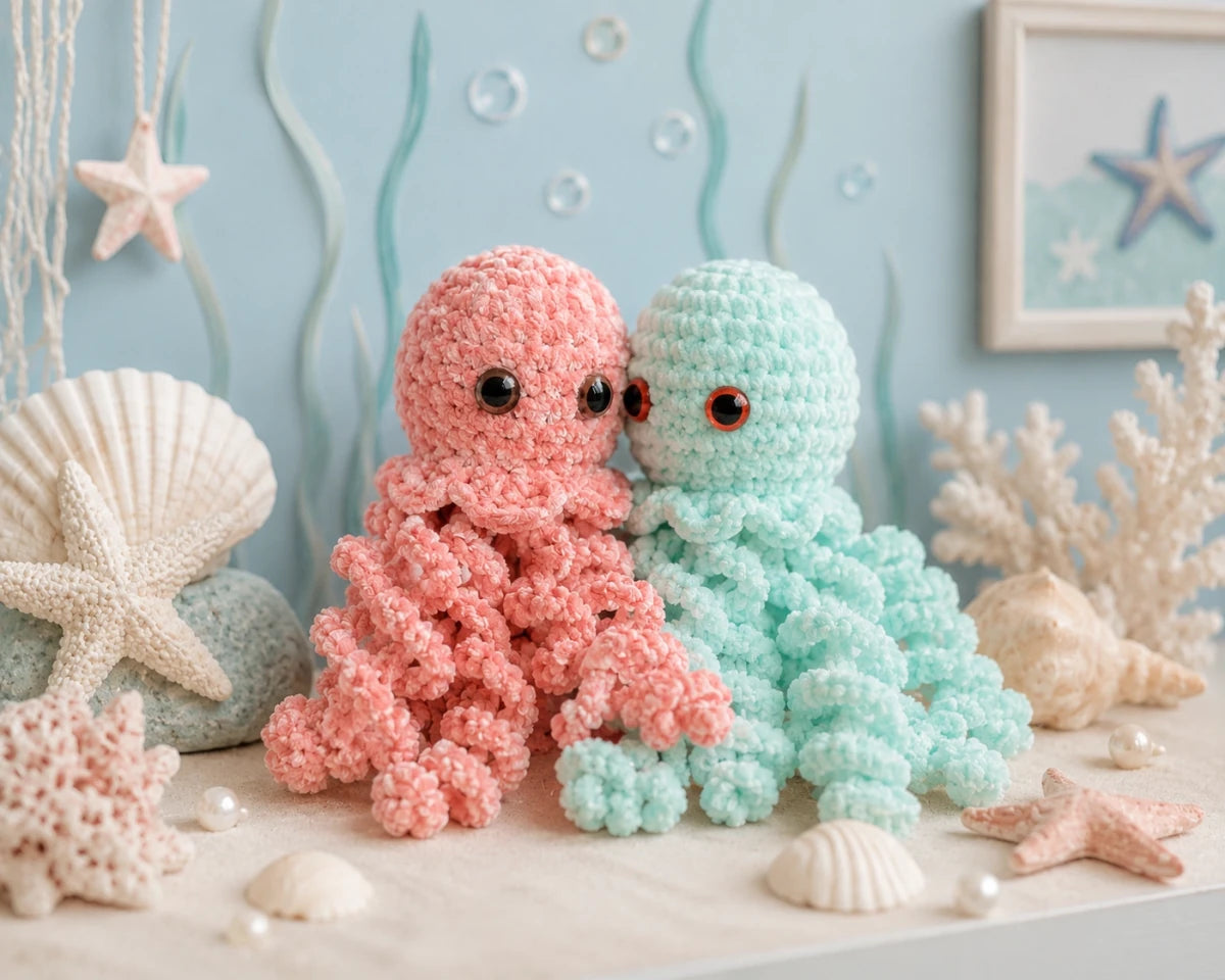 Crochet jellyfish plush toys displayed in an under-the-sea themed nursery with shells and coral decorations