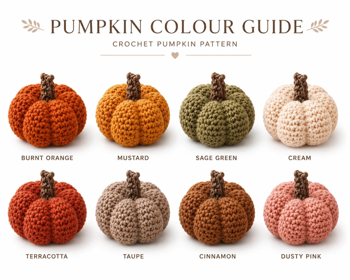 Crochet pumpkin colour guide showing burnt orange, mustard, sage green, cream, terracotta, taupe, cinnamon and dusty pink pumpkins