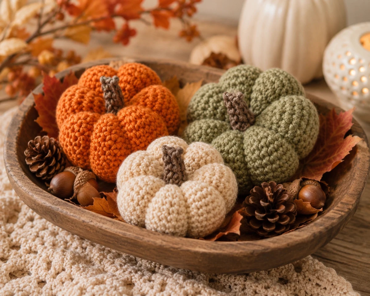 Handmade crochet pumpkins in orange, cream and sage green displayed in a rustic wooden bowl with autumn leaves and pinecones