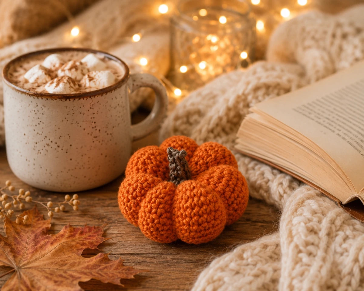 Small handmade crochet pumpkin beside hot chocolate, an open book and a cosy knitted blanket with fairy lights