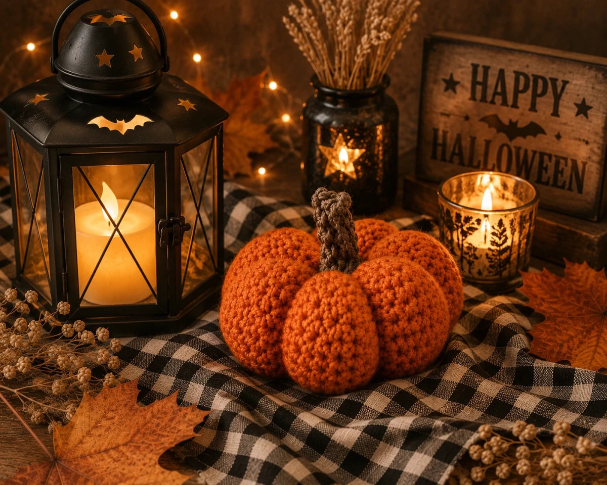 Crochet pumpkin decoration with lanterns, candles and gingham fabric in a cosy handmade Halloween setting