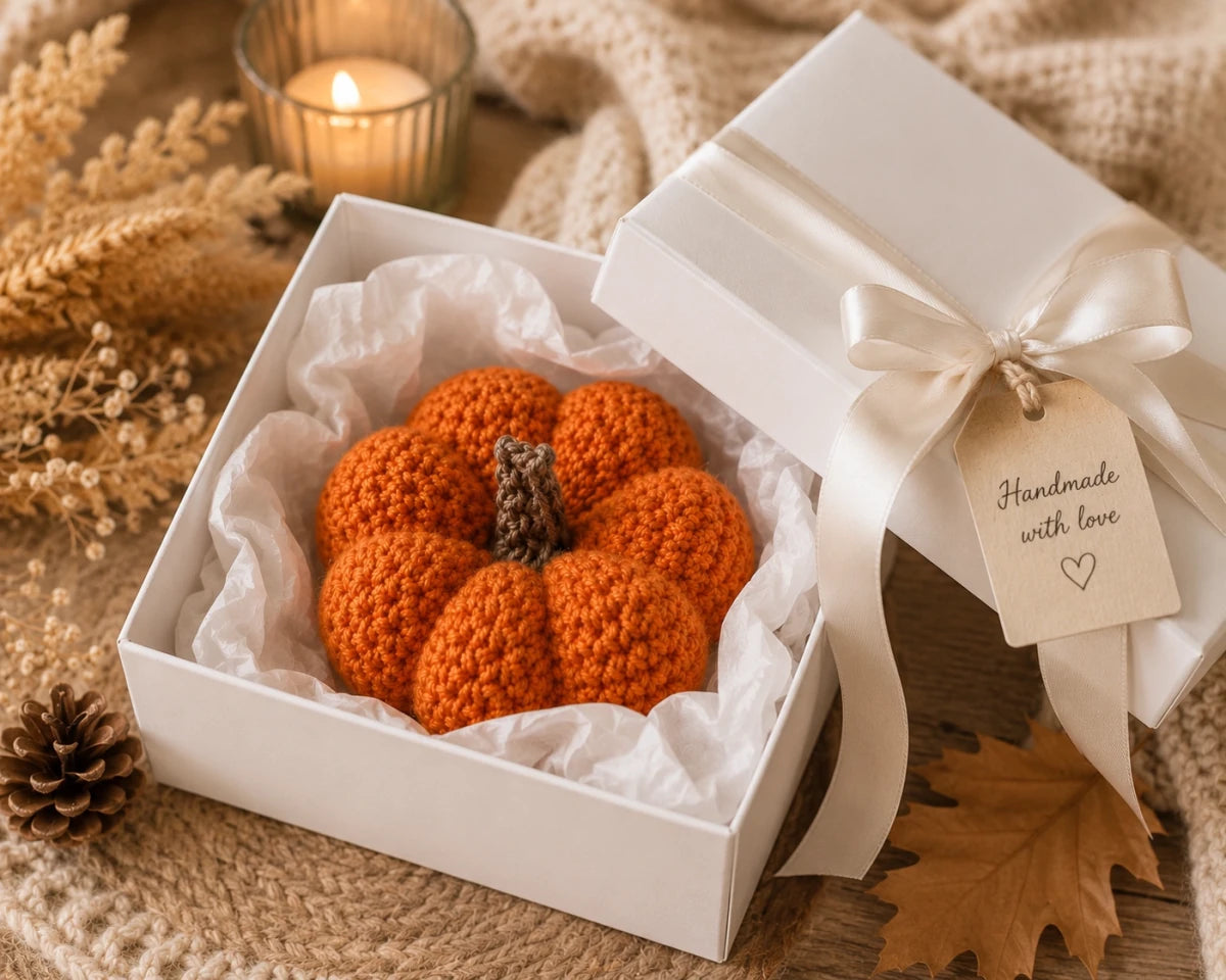 Handmade crochet pumpkin presented in a luxury white gift box with satin ribbon and autumn décor
