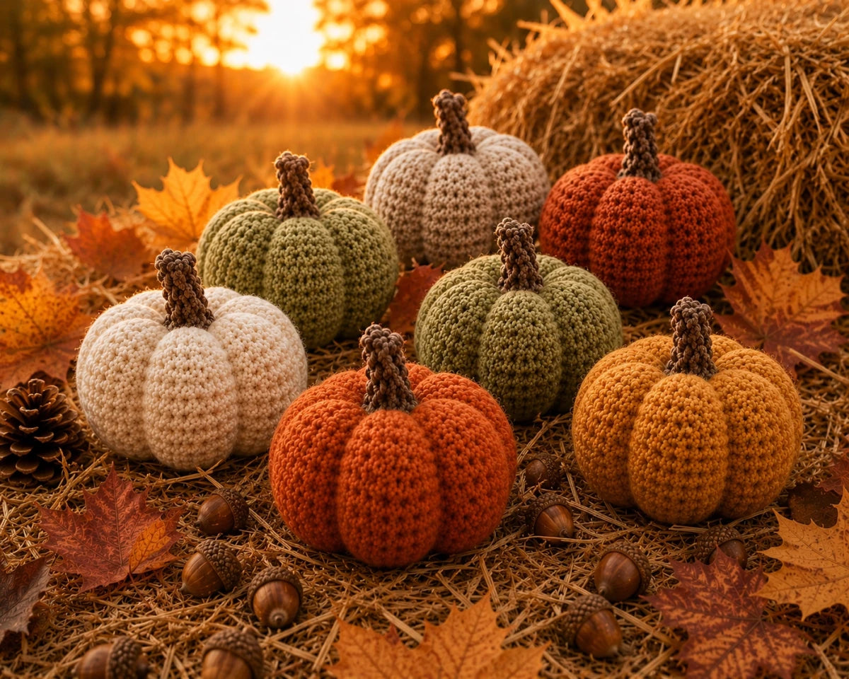 Crochet pumpkins in autumn colourways displayed on hay bales with acorns and golden sunset light